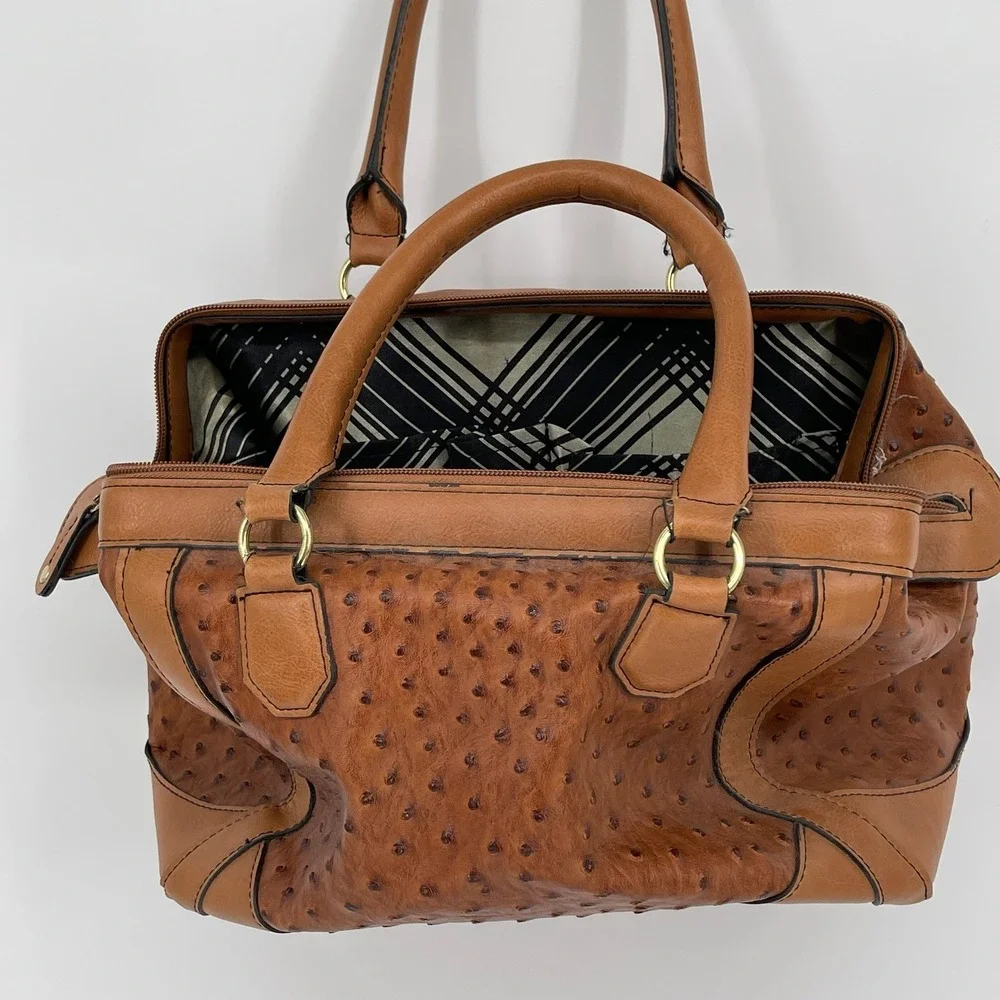 London Fog Womens Cognac Ostrich Embossed Satchel Handbag Large